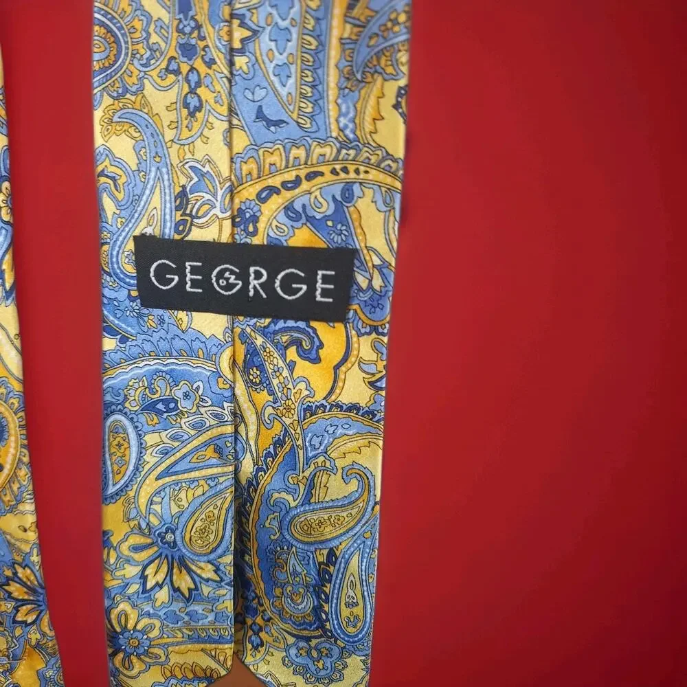 George Mens Yellow and Blue Design Necktie 100% Silk 3 1/2